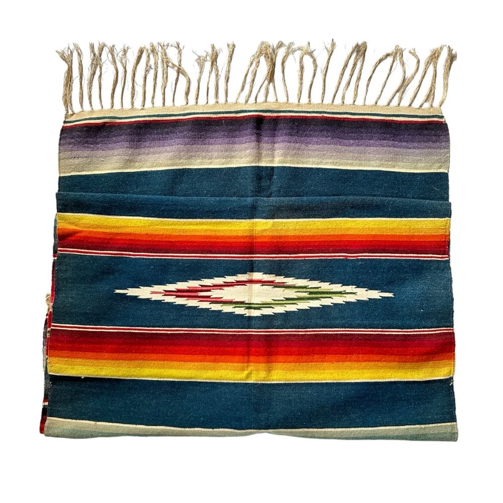 Vintage Wool Serape 62" Fringed Runner Blanket Rainbow Native Mexican American - Picture 2 of 11